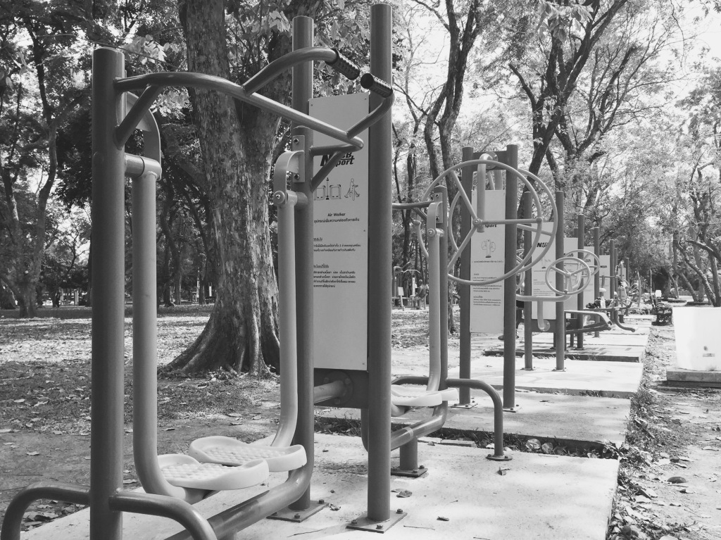 Rows of fitness equipment await the hundreds of Bangkok natives that use these as part of their daily fitness regiment. Yee, N. (CC), 2015.